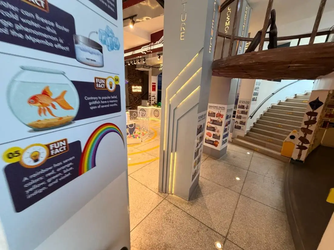 Fun-fact display panels beside the staircase at Joy of Science Lahore